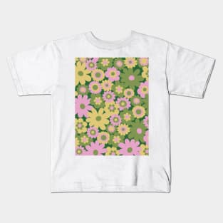 60s retro flower power, retro green, pink, mustard yellow, 60s groovy pattern, hippie flowers Kids T-Shirt